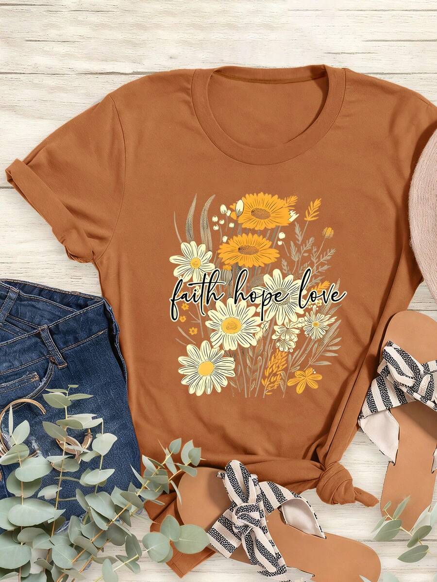 EMERY ROSE Women's Fitted Short Sleeve T-Shirt With White Printed Graphic - Orange - View 1