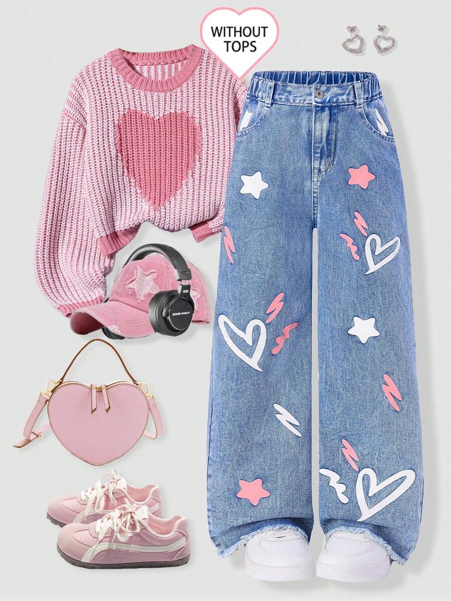 ChillGRL 少女可爱休闲时尚学院风日常穿搭多元素爱心星形印花水洗蓝舒适宽松阔腿牛仔裤 - 中等水洗藍 - 查看 1