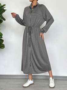 EMERY ROSE Casual Drawstring Long Zipper Waist Cinched Lightweight Jacket, Autumn/Winter - Grey - View 6