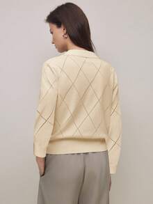 BizChic Women's Polo Collar Diamond Knit Pattern Long Sleeve Pullover Sweater, Urban Commute Business Casual Blouse, Elegant Office Wear, Party & Gathering Top, Suitable For Summer - Apricot - View 4