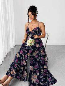 Elenzga Váy hai dây xẻ đùi họa tiết hoa mới cỡ lớn dành cho nữ, thích hợp cho kỳ nghỉ và hẹn hò - Nhiều màu - Xem 5