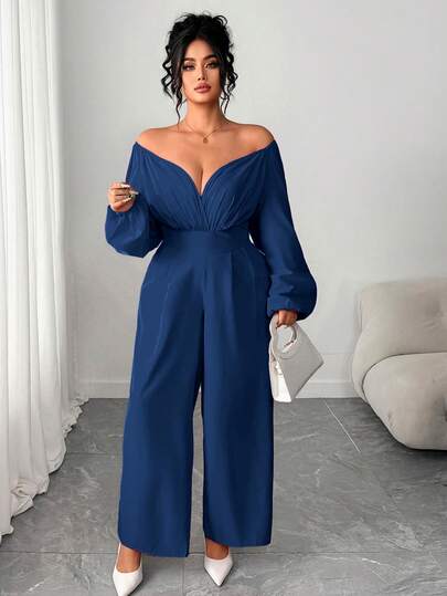 Elenzga Plus Size Red Christmas Elegant Jumpsuit, 2025 New Style, Off Shoulder Criss-Cross Wrap Collar Straight Leg Jumpsuit, Suitable For Back To School, Graduation, Holidays, Valentine's Day, Music Festivals, Mother's Day, Halloween, Thanksgiving, Easter, National Day, Galas, Dates, Parties, Weddings, Outdoor Activities