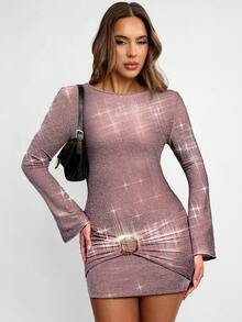 Avenya Váy len tay loe xếp ly thắt eo bằng sợi kim loại dành cho nữ - Màu Khaki - Xem 4