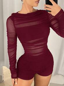 SHEIN ICON 网眼褶皱拼接长袖连体衣 - 酒紅色 - 查看 4