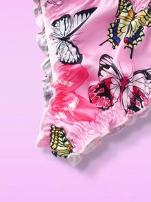 Notgurli 2pcs Pink Satin Jacquard Butterfly Print Ruffle Trim Strapless Bustier Bra And Panty Set, Sweet & Cute, Suitable For Vacation, Party, Music Festival, Club - Pink - View 6