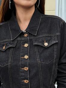 Jeanoix Plus Size Women's Fashionable Casual Washed Jacket - Black - View 7