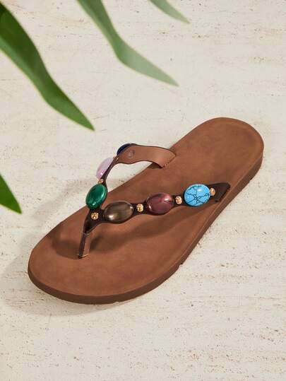 SHUZIA #BohoChic Women's Multi-Stone Decor Vegan Leather Chocolate Flip-Flop Sandals – Vacation Ready, Beach Ready & Effortlessly Stylish.