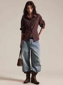 Easelle Casual Retro Plaid Cinched Waist Loose Turndown Collar Women Shirt Western Wear Women Western Button Up Women Western - Multicolor - View 4