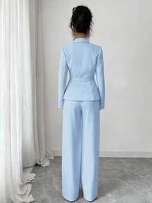 Elenzga Women's Suit Set, Suit Fabric, Lapel Collar, Long Sleeve, Waist Cinched A-Line Asymmetric Hem, Metal Button Decor, Sophisticated & Elegant For Office, Commute, Street Style, French Romantic, Casual, Middle Eastern Vintage, Afternoon Tea, Party, Thanksgiving, Back To School, Spring/Autumn/Winter - Blue - View 2