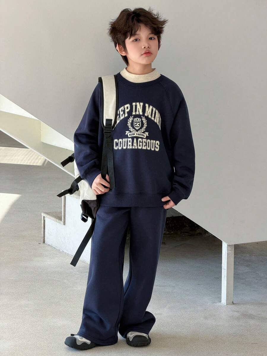 DAZY 青少年男孩字母印花圆领长袖卫衣和运动裤休闲套装 - 藏蓝色 - 查看 1