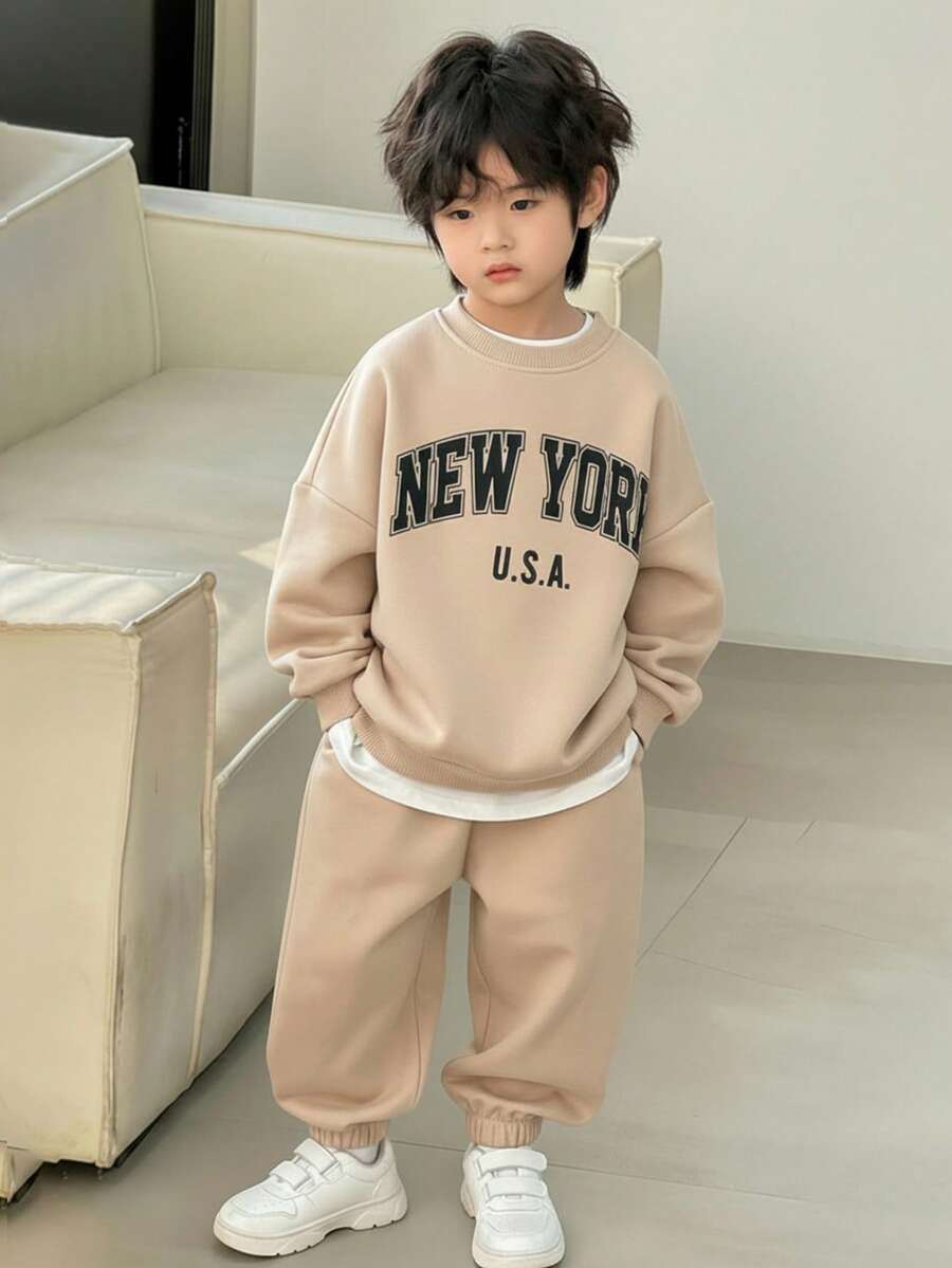 2pcs Kids Boy Casual Everyday Comfortable Letter Print Patchwork Contrast Color Crew Neck Loose Pullover Sweatshirt And Relaxed Fit Knit Pants Tracksuit Set, Suitable For School, Garden, Beach, Birthday, Spring, Summer, Fall, Winter