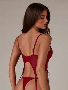 SHEIN BAE Women's Sexy Bra, Thong Panty And Leg Garter Lingerie Set - Burgundy - View 2