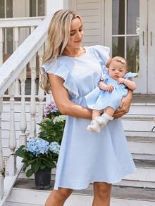 Newborn Baby Girl Blue And White Striped Ruffled Hem Dress, Summer - Baby Blue - View 6