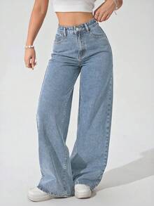 SHEIN ICON Jeans rectos de talle alto con lavado vintage para mujer de talla grande - Lavado ligero - Ver 4