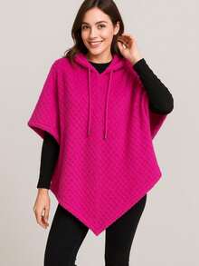 Capa peluche graba¡da trencita bonita hermosa mañanita Poncho Capa larga asimétrica informal para mujer con capucha y cordón ajustable de moda para mujer - Rosa Fucsia - Ver 3