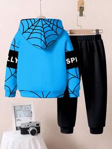 Young Boys Halloween Spider Casual & Cute Cartoon Loose Fit Pullover Hoodie 2-Piece Set, Suitable For Autumn/Winter - Multicolor - View 3