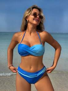 Swim Lushoire 2pcs Women Ombre Criss-Cross Triangle Bikini Set, Beach Vacation Casual Swimwear, Summer - Blue - View 3