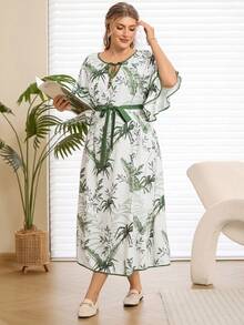 Rosumi Plus Size Women's Summer Vacation Style Floral Print Twist Keyhole Neck Ruffle Sleeve Belted Dress,Flower/Spring - Multicolor - View 5