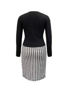 Women's Elegant V-Neck Black & White Houndstooth Pattern Long Sleeve Dress Fall Cloth For Women - Black - View 2