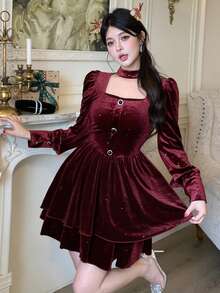 DAZY Vestido corto de mujer elegante de unicolor con cuello cuadrado brillante de plata, forrado térmicamente, para otoño/invierno - Burdeos - Ver 1