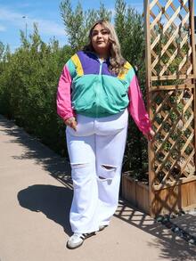Enliva Chaqueta ligera con bloqueo de color y cremallera para mujer de talla grande, adecuada para viajes y vacaciones - Multicolor - Ver 5