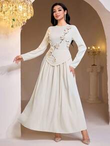 Veilorie Women's Elegant 3D Floral Rhinestone Decorated Arabic Style Dress - Mustard Yellow - View 3