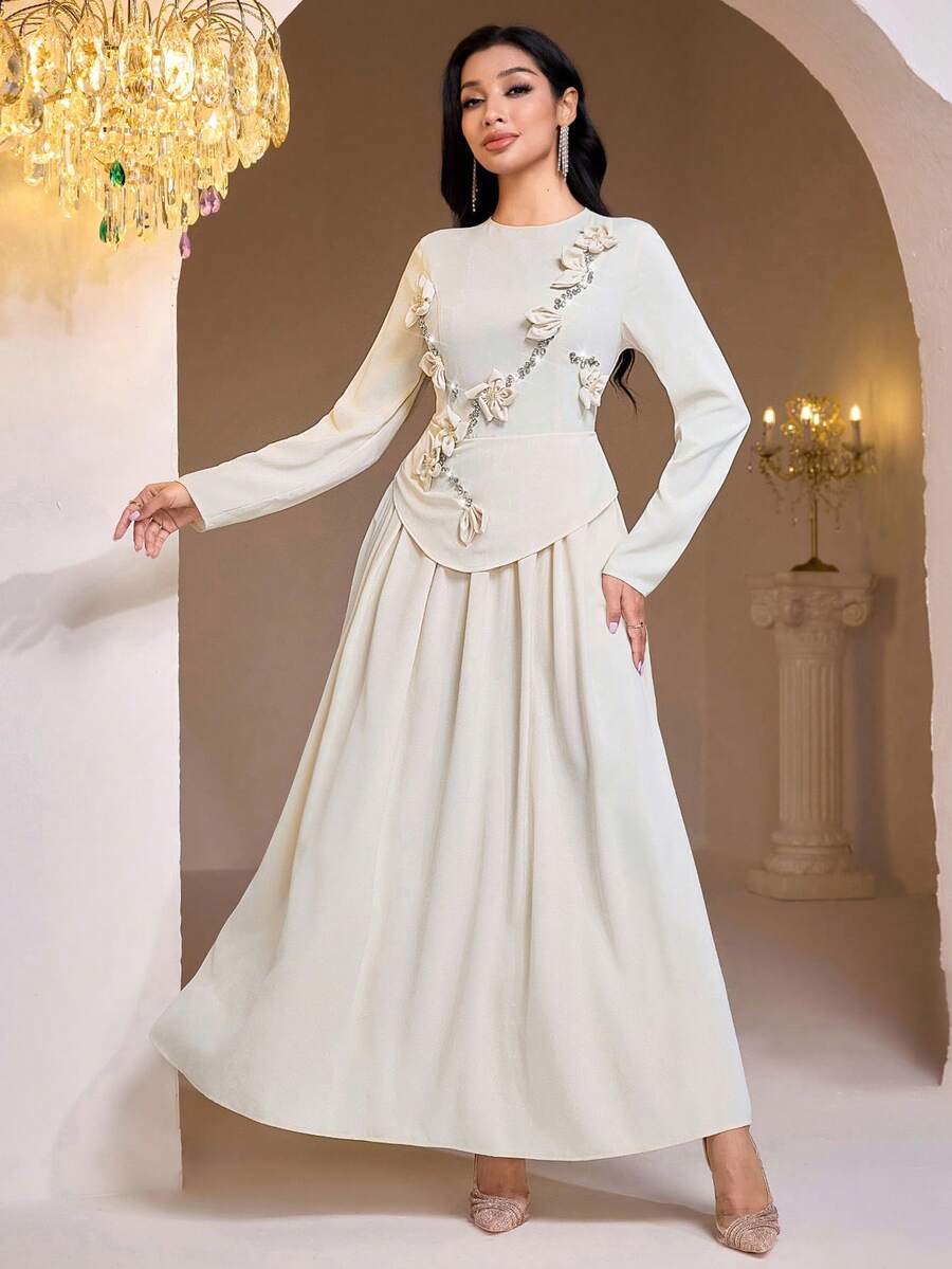 Veilorie Women's Elegant 3D Floral Rhinestone Decorated Arabic Style Dress