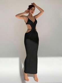 Aloruh Váy dệt kim ôm sát, cổ chữ U, không tay, thoải mái dành cho nữ - màu đen - Xem 4