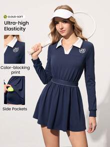 CourtClass 2pcs/Set Casual Versatile Printed Contrast Color Elastic Waist Slimming Leggings & Sports Dress Tennis Dress Long Sleeve Sports Dress With Pockets Navy Tennis Dress - Multicolor - View 1