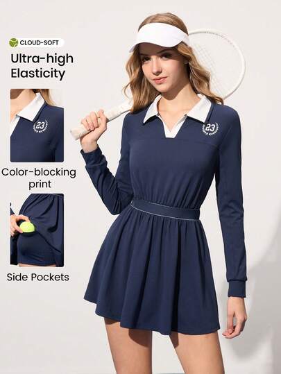 CourtClass 2pcs/Set Casual Versatile Printed Contrast Color Elastic Waist Slimming Leggings & Sports Dress Tennis Dress Long Sleeve Sports Dress With Pockets Navy Tennis Dress