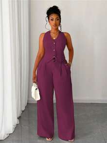 Maweii Bộ 2 món áo vest ngắn màu trơn và quần ống rộng cho nữ cỡ lớn - Màu đỏ tím - Xem 1