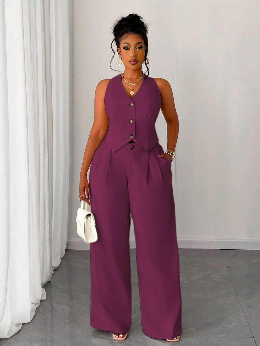 Maweii Bộ 2 món áo vest ngắn màu trơn và quần ống rộng cho nữ cỡ lớn - Màu đỏ tím - Xem 1