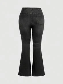 SHEIN CURVE+ Jeans casual versatili da donna taglie forti con vita asimmetrica e tasche - nero - Visualizzare 2