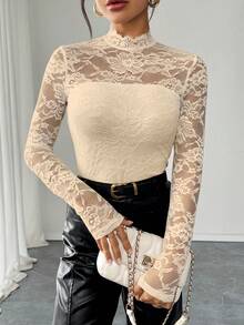 Selianne Women's Elegant Stand Collar Fitted Lace Long Sleeve T-Shirt - Apricot - View 7