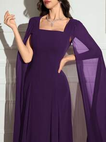 Modelyn 女士纯色方领长袖简约休闲长裙 紫色婚礼宾客礼服 紫色披肩连衣裙 方领披肩袖连衣裙 紫色晚礼服 紫罗兰色晚礼服 女士紫色连衣裙 - 紫色 - 查看 1