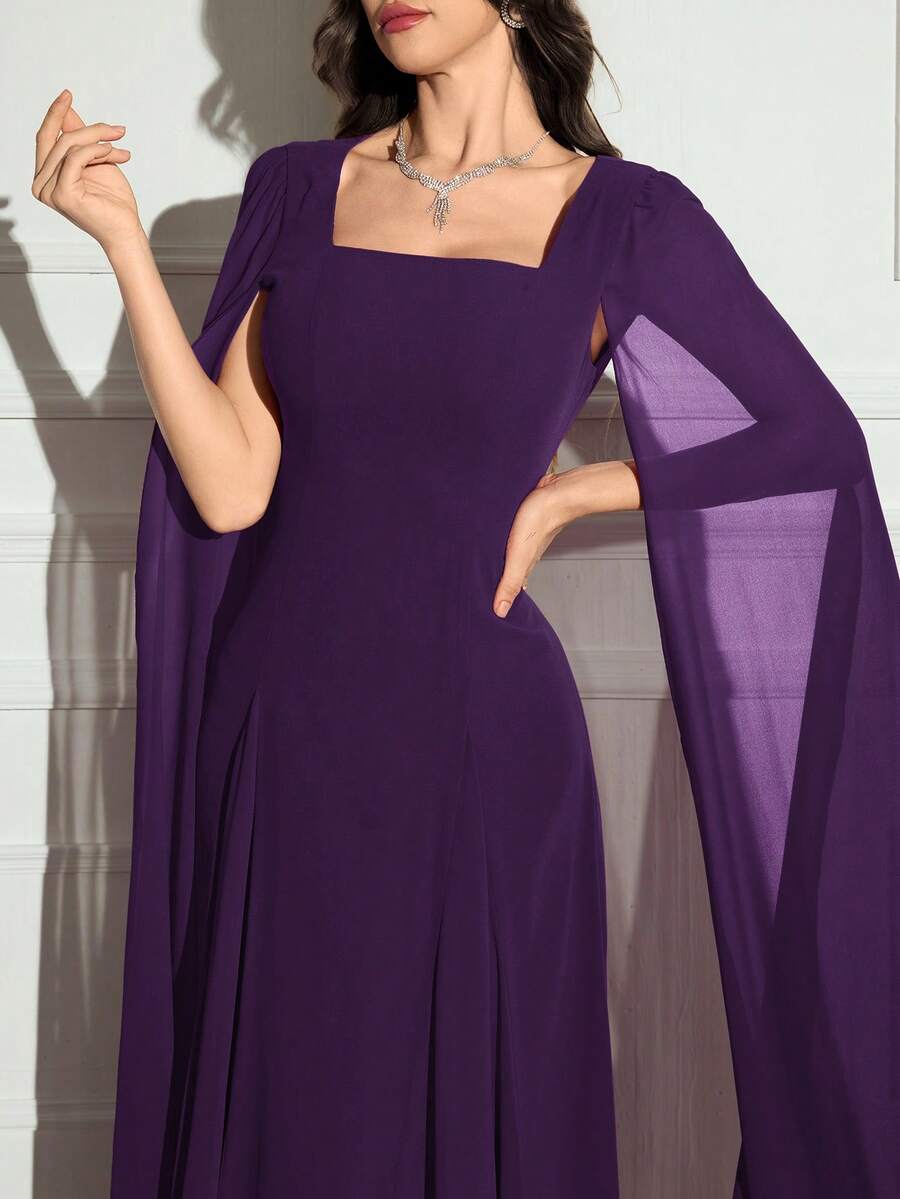 Modelyn 女士纯色方领长袖简约休闲长裙 紫色婚礼宾客礼服 紫色披肩连衣裙 方领披肩袖连衣裙 紫色晚礼服 紫罗兰色晚礼服 女士紫色连衣裙 - 紫色 - 查看 1
