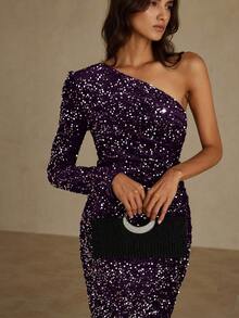 Revavyn 法式奢华优雅秋冬女装，天鹅绒点缀不对称单肩长袖高腰A字修身长裙，精致正式礼服，适合宴会、婚礼、派对等场合，腰部褶皱设计，泡泡袖，舒适针织内衬 - 中紫紅色 - 查看 4