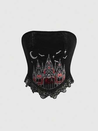 Goth Gotischer Schloss-Kreuz-Stickerei Spitzen-Patchwork trägerloses Top für Frauen, Halloween