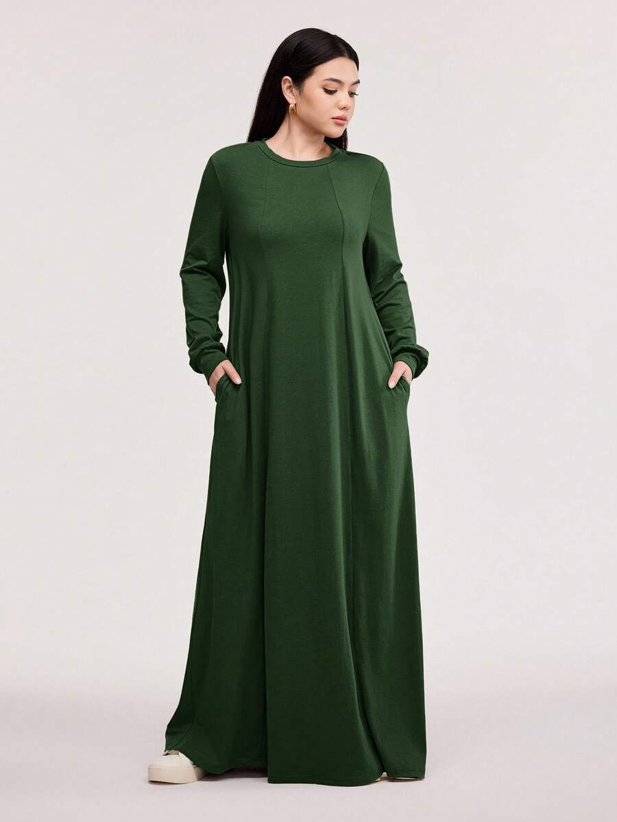 Veilorie 女士休闲纯色阿拉伯风格长款连衣裙,春秋季款,款式端庄,适合海滩/休闲/度假/居家/日常穿着。 - 墨綠色 - 查看 1