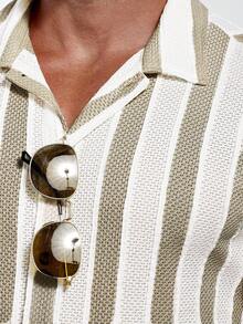 Manfinity Homme Áo sơ mi cổ polo sọc thường ngày dành cho nam - Màu Khaki - Xem 3