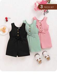 3pcs Baby Girl Casual Knit Solid Color Camisole And Shorts Set - Multicolor - View 2