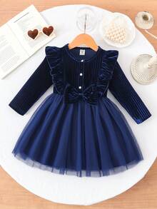 Souflis Souflis Infant/Toddler Girls' Burgundy Velvet Ruffle Collar Bow Tulle Long Sleeve Dress, Cute & Elegant For Casual, Holiday, Party - Blue - View 3