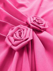 Maweii Váy nhún eo thanh lịch với viền bất đối xứng, tay bồng và họa tiết hoa hồng, thiết kế tối giản cho trang phục hàng ngày và đi làm, cỡ lớn - Màu Hồng Tươi - Xem 6