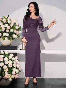 Modelyn Women's Lace Patchwork Asymmetrical Sleeve Long Dress - Purple - View 5