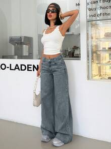 SHEIN Cottnline WOMEN LOW WAIST WIDELEG GRAY WASH EVERY DAY CASUAL JEAN - Light Wash - View 6