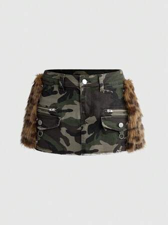 J-Fashion Jupe mini en jean taille basse style cargo avec imprimé camouflage et léopard en fausse fourrure, style Y2K