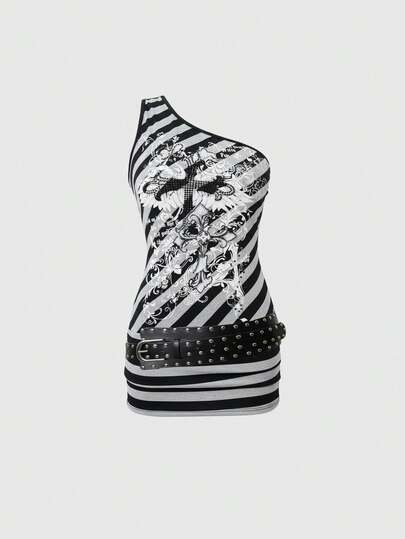 J-Fashion Sexy Off-Shoulder Striped Patchwork Punk Style Top