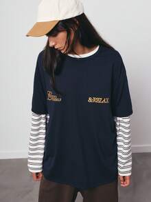 SURIMA 女士宽松休闲极简图案圆领短袖T恤 - 藏蓝色 - 查看 2