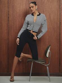 Hauture Women's Zip Front Striped Cardigan With Barrel Sleeve - Black and White - View 5