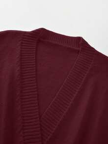 SHEIN Franclia New Autumn V-Neck Waist Cinched Knitted A-Line Dress, Elegant And Intellectual - Burgundy - View 3